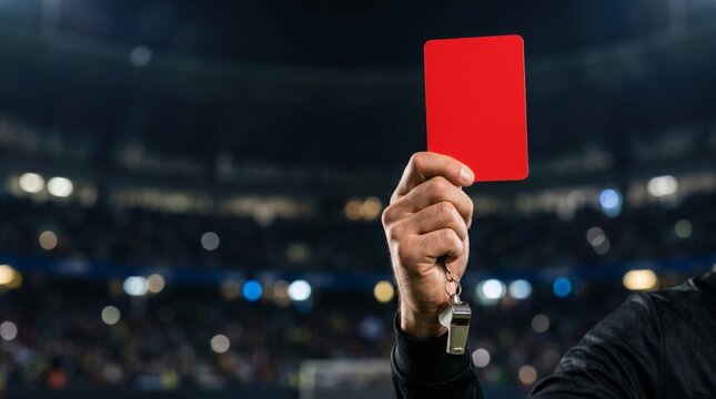 Close up of soccer referee holding red card penalty during football match in stadium night lights