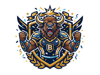 Obraz premium Mighty Bull Mascot Emblem Radiating Strength and Determination, Ideal for Sporting Events and Team Identity, Capturing the Essence of Victory