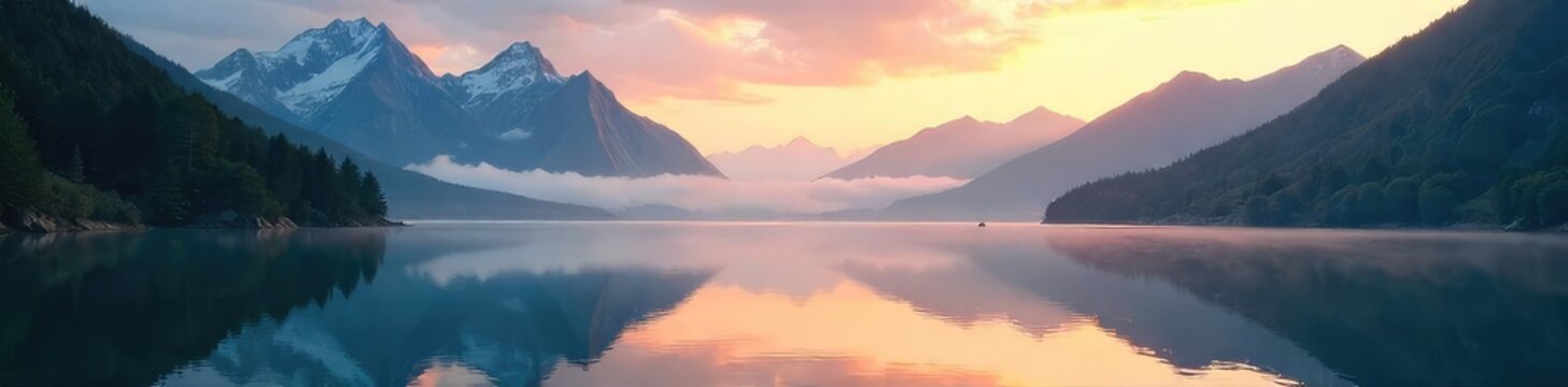 Serene mountain lake landscape at sunrise, mist clinging to the peaks reflecting in the still water  Perfect for travel, nature, and outdoor adventure themes ,  greenery,  wilderness