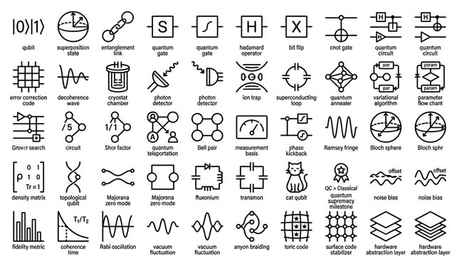 Quantum computing icons set with qubit superposition entanglement link quantum gate bit flip cnot gate hadamard operator circuit error correction code cryostat chamber.