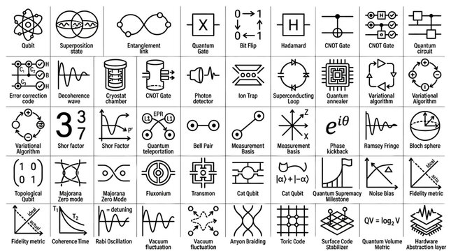 Quantum technology icons set including qubit superposition state entanglement link quantum gate bit flip hadamard cnot gate circuit error correction decoherence wave cryostat.
