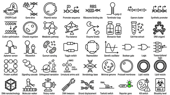 Collection of scientific and biological icons for synthetic biology and genetic engineering, featuring CRISPR Cas9, gene drive, plasmid vector, promoter sequence and ribosomal binding site.