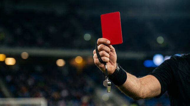 Football referee arm raising red card penalty during soccer match in stadium night bokeh lights sun