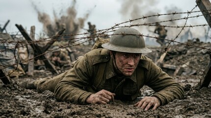 Obraz premium Soldier in a helmet crawling through mud under barbed wire with distant explosions and smoke in a gritty, historical war scene