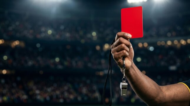 Soccer referee hand holding red card penalty during football match in stadium night lights close up