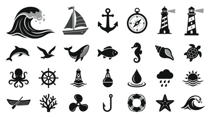 Obraz premium Nautical and Marine Icon Set in Flat Monochrome Style