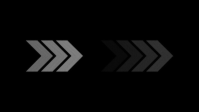 Right-directional arrow loop animation on black background. arrow loop animation right direction concept, arrow loading icon animation.
