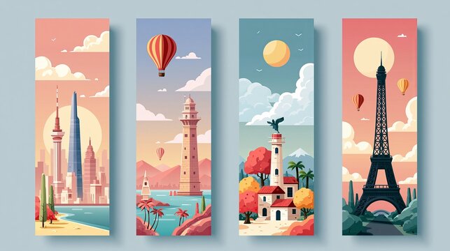 World travels shown on banners. Cards for tourist trips feature cityscapes worldwide, like a road trip for a holiday. Modern flat art style.
