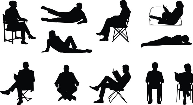 Silhouettes of people in various seated and reclining poses reading and relaxing person woman