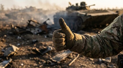 Obraz premium Soldier in camouflage giving thumbs up gesture amidst war-torn landscape with destroyed military vehicle and smoke. Close-up of a hand.