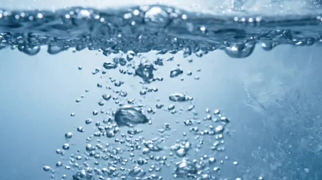 Water vortex and effervescent air bubbles rising in clear blue liquid, showcasing purity and refreshment