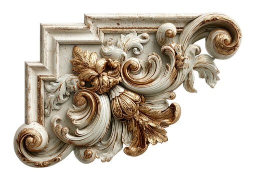 Ornate corner molding with gold leaf floral scrolls on black background