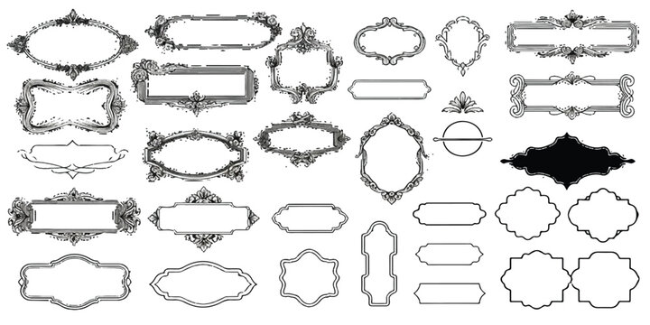 Set of decorative vintage ornate frames and borders in black ink style