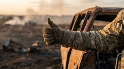 Obraz premium Soldier in camouflage giving thumbs up gesture amidst war-torn landscape with destroyed military vehicle and smoke. Close-up of a hand.