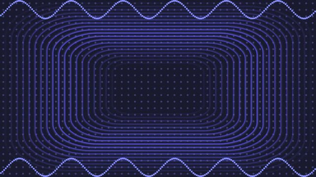Dark blue technology background with glowing concentric rounded squares and audio wave lines on dot grid pattern
