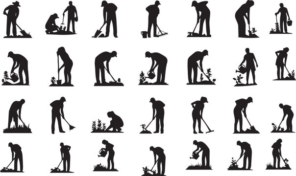 black silhouettes of people gardening and doing yard work on a white background