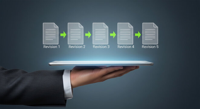 Document revision process on digital tablet, business workflow management, version control concept