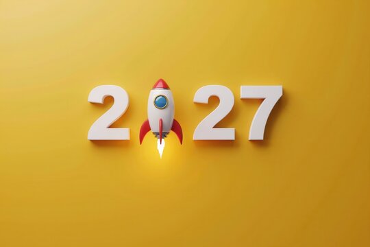 3d rendering of a rocket ship launching between the numbers 2 and 27, representing the year 2027 concept