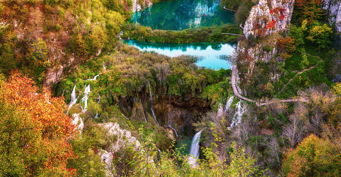 Autumn colors and waterfalls of Plitvice National Park in Croatia, seasonal colorful background