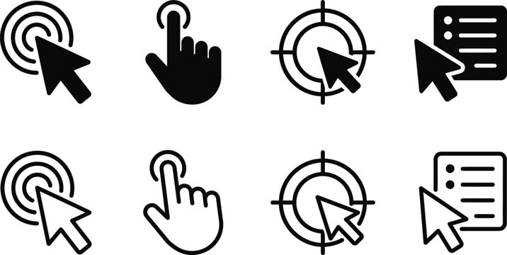 mouse click cursor icon set with black pointer shapes and navigation symbols