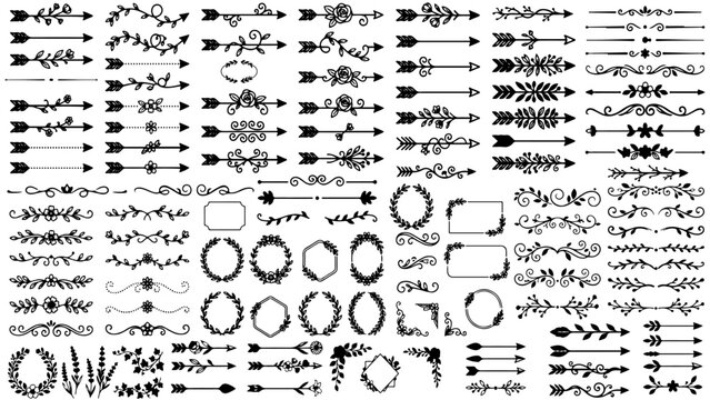 Floral line art arrows and black decorative borders with elegant frames, vintage dividers, ornate separators, and embellishments collection.