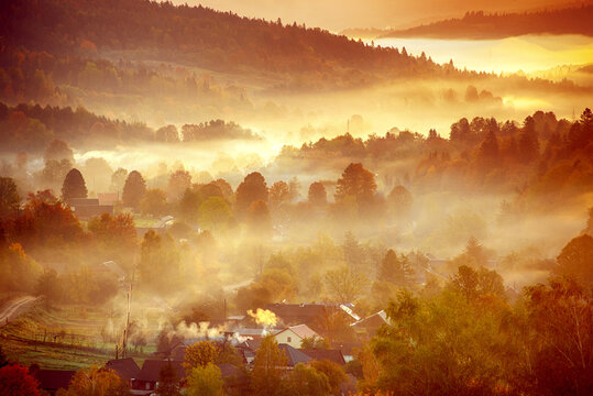Morning mountain landscape, autumn seasonal background, amazing sunrise