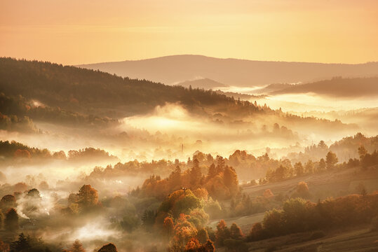 Morning mountain landscape, autumn seasonal background, amazing sunrise