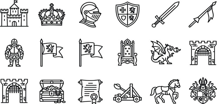 Medieval history line icons vector set featuring castle crown knight helmet shield sword dragon throne treasure chest and catapult outlines isolated