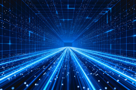 This is a 3D rendered tech tunnel with glowing blue wireframe grids and light speed particle trails, representing digital data flow and futuristic cyber space.