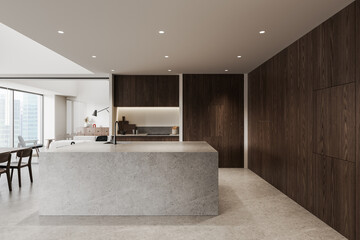 Fototapeta premium Modern interior kitchen design featuring stone island, rich wood cabinets, refined minimalist layout and soft ambient lighting shaping elegant contemporary space. 3D Rendering