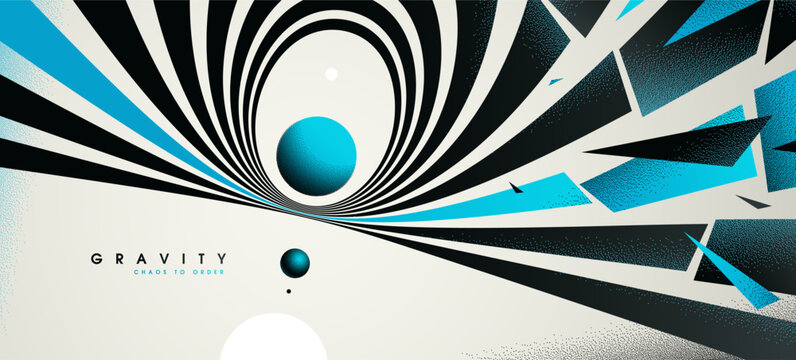 Blue colored gravity concept illustrating controlled attraction, depth, and focused motion as element converge into a calm, structured center.