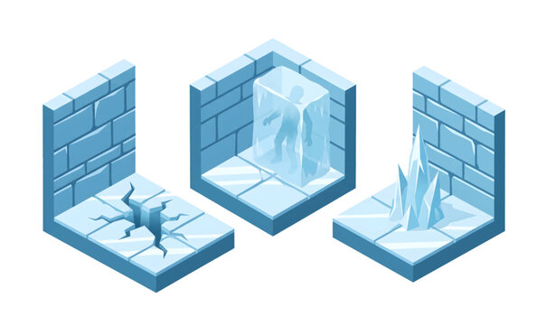 Collection of Ice blocks melting on ground surfaces.