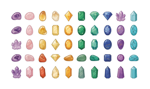 Collection of Colorful precious gemstones on display.