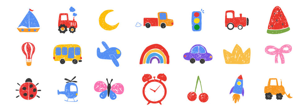 Chalk scribble set childlike elements, crayon pencil kindergarten doodle icons. Preschool transport, bug, moon, watermelon, toys games in sketch style