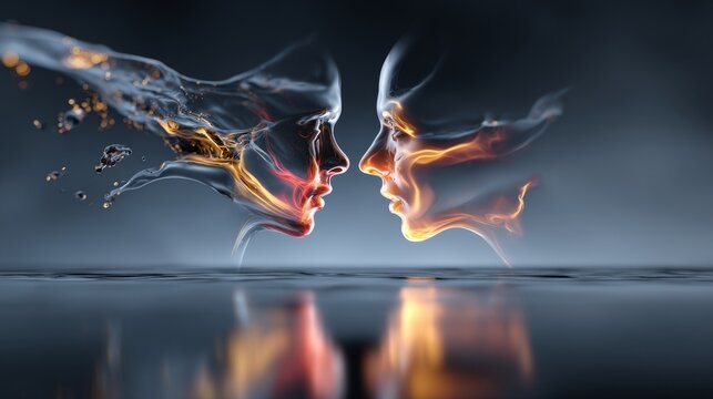 Two faces connect through swirling forms of energy in a dynamic, abstract representation