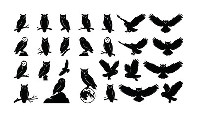 Fototapeta premium Collection of various owl silhouettes flying.
