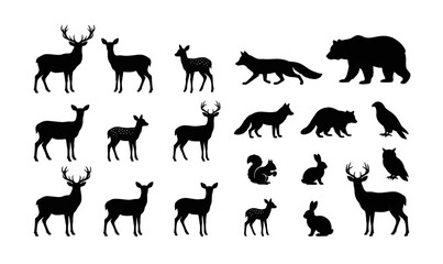 Fototapeta premium Collection of Silhouettes of various wild animals standing.