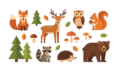 Fototapeta premium Collection of forest animals and trees.