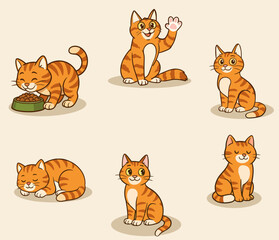Obraz premium Vector illustration showing orange tabby cats in different poses. Cute cartoon cats eating, sitting, waving and sleeping on a beige background.