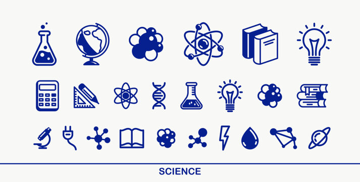 Science vector detailed icons set, physics and chemistry bundle, mathematics and geography study education.