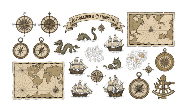 Collection of Vintage Navigation Exploration Cartography Icons.