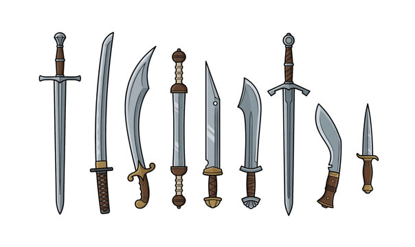 Collection of various metal sharp swords.