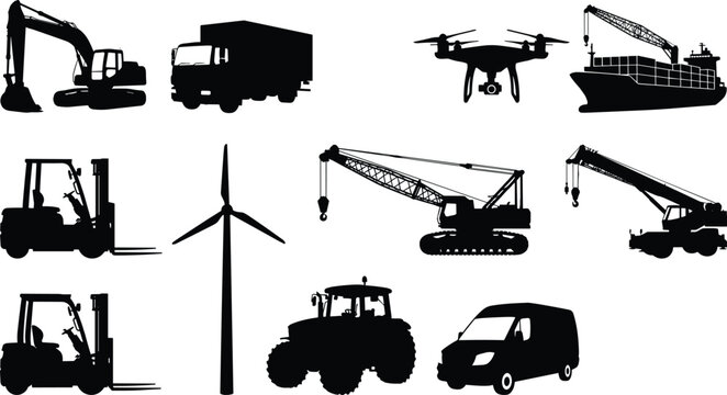 Collection of construction vehicles, industrial equipment, and transportation modes rendered in silhouette