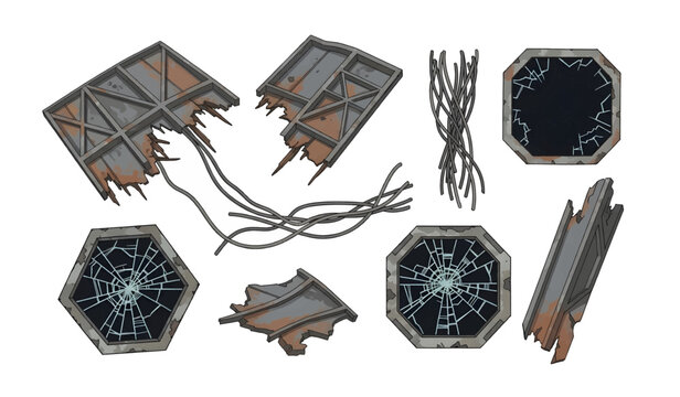 Collection of broken metallic industrial parts.