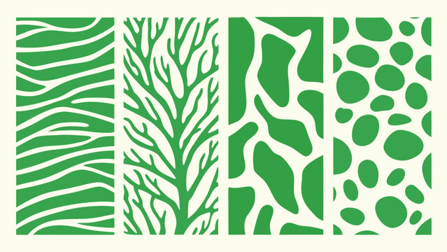 Nature inspired patterns featuring stylized leaf branch and organic shapes in green vector illustration abstract aesthetic