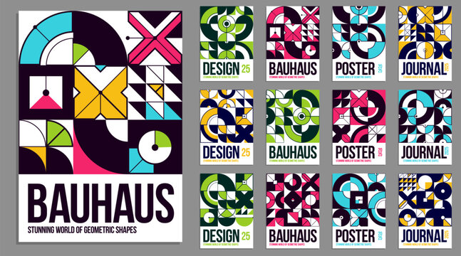 Abstract geometric covers design set, Bauhaus style retro geometrical patterns vector, magazine or flyer covers, modern mosaic graphics, advertising templates.
