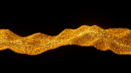 Fototapeta premium 3d render. Abstract background of gold sand, golden glitter, stardust and magical bokeh lights shimmering in the dark. Macro of sparkling wavy surface