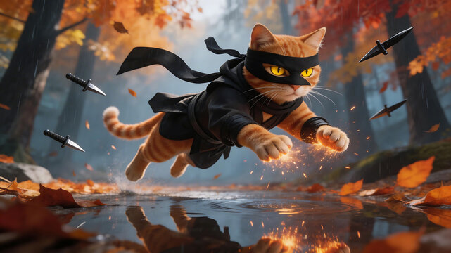 Ninja cat in autumn forest perfect for scenic backgrounds and natural storytelling