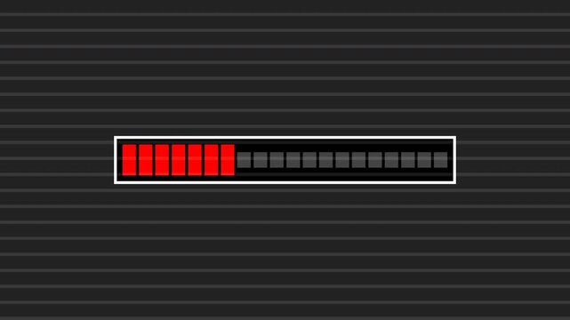 Retro digital progress loading bar with red status indicator segments on a dark striped background