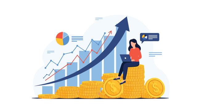 Successful woman using a laptop while sitting on a large stack of coins next to a rising financial growth graph and chart.